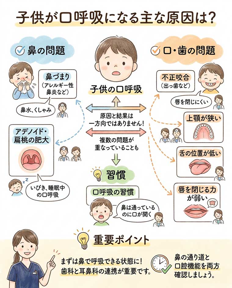 子供が口呼吸になる主な原因は？の図解