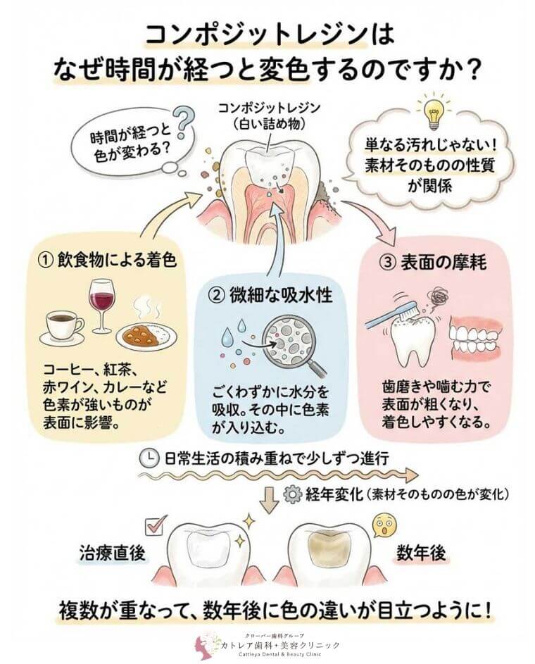 コンポジットレジンはなぜ時間が経つと変色するのですか？