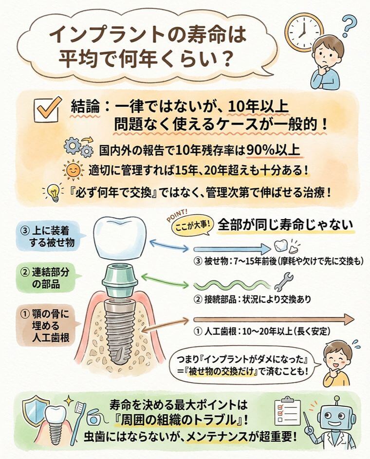 インプラントの寿命は平均で何年くらいですか？の図解