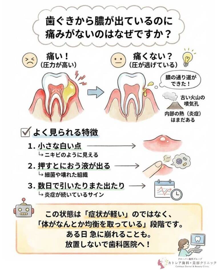 歯ぐきから膿が出ているのに痛みがないのはなぜですか？の図解