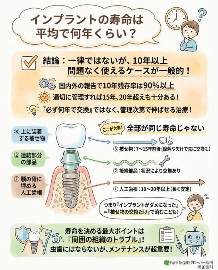 インプラントの寿命は平均で何年くらいですか？の図解