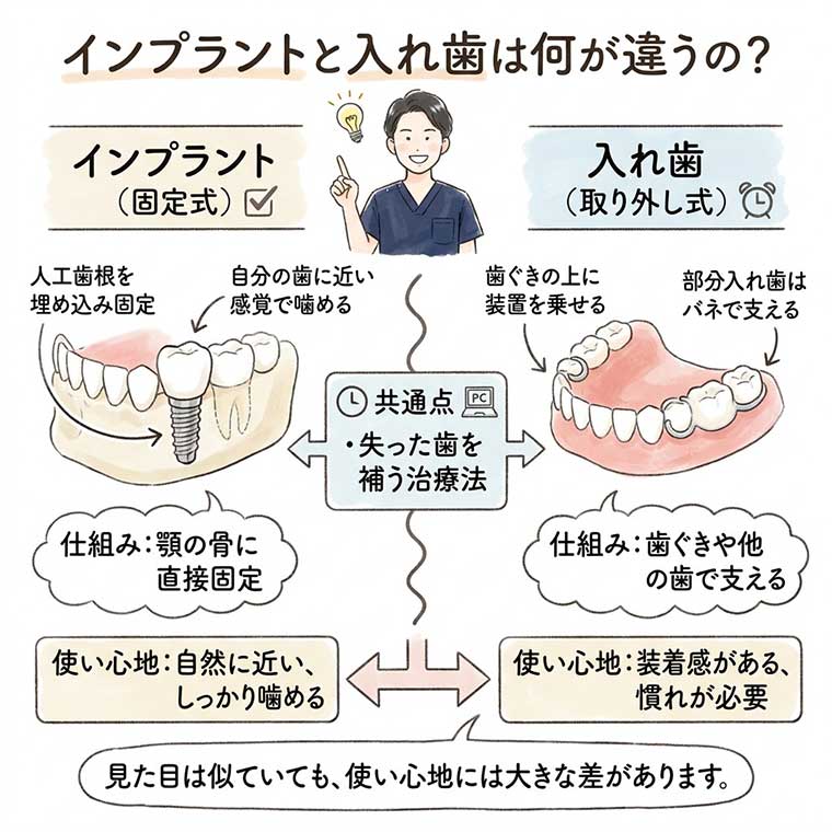 インプラントと入れ歯は何が違うの？の図解