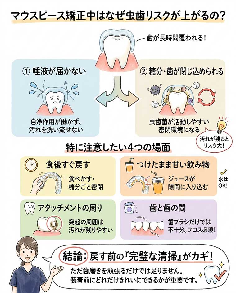 マウスピース矯正中はなぜ虫歯リスクが上がるの？の図解