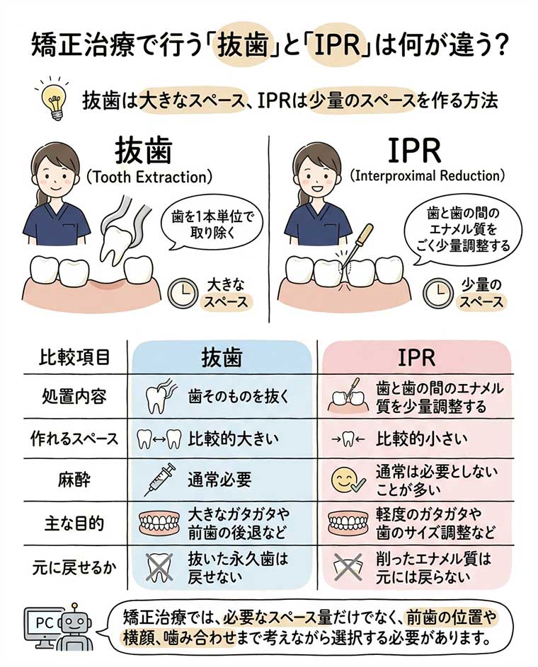 矯正治療で行う「抜歯」と「IPR」は何が違う？の図解
