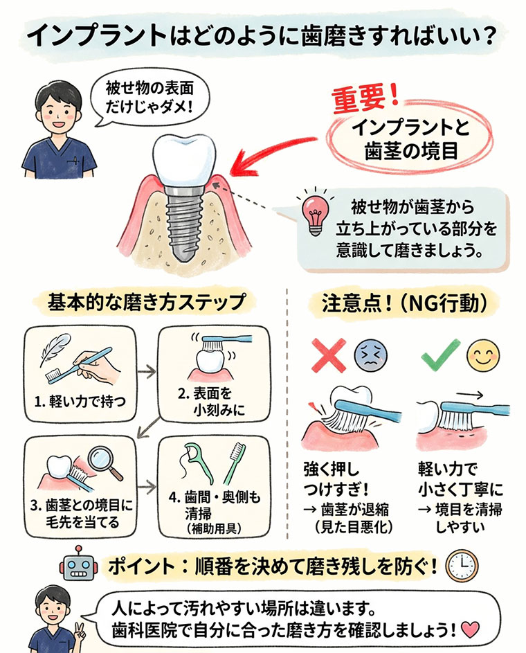 インプラントはどのように歯磨きすればいい？の図解