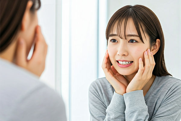 鏡を見て不安そうな女性