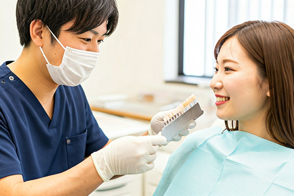 患者さんの歯の色味をチェックする歯科医師