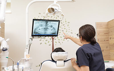 レントゲンを指さす歯科医師