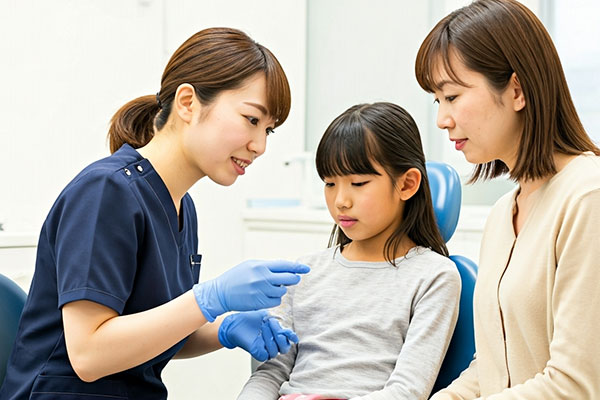 子供に矯正の説明をする歯科医師