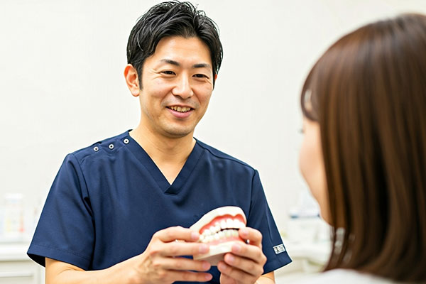 歯の模型で患者さんに説明する矯正医